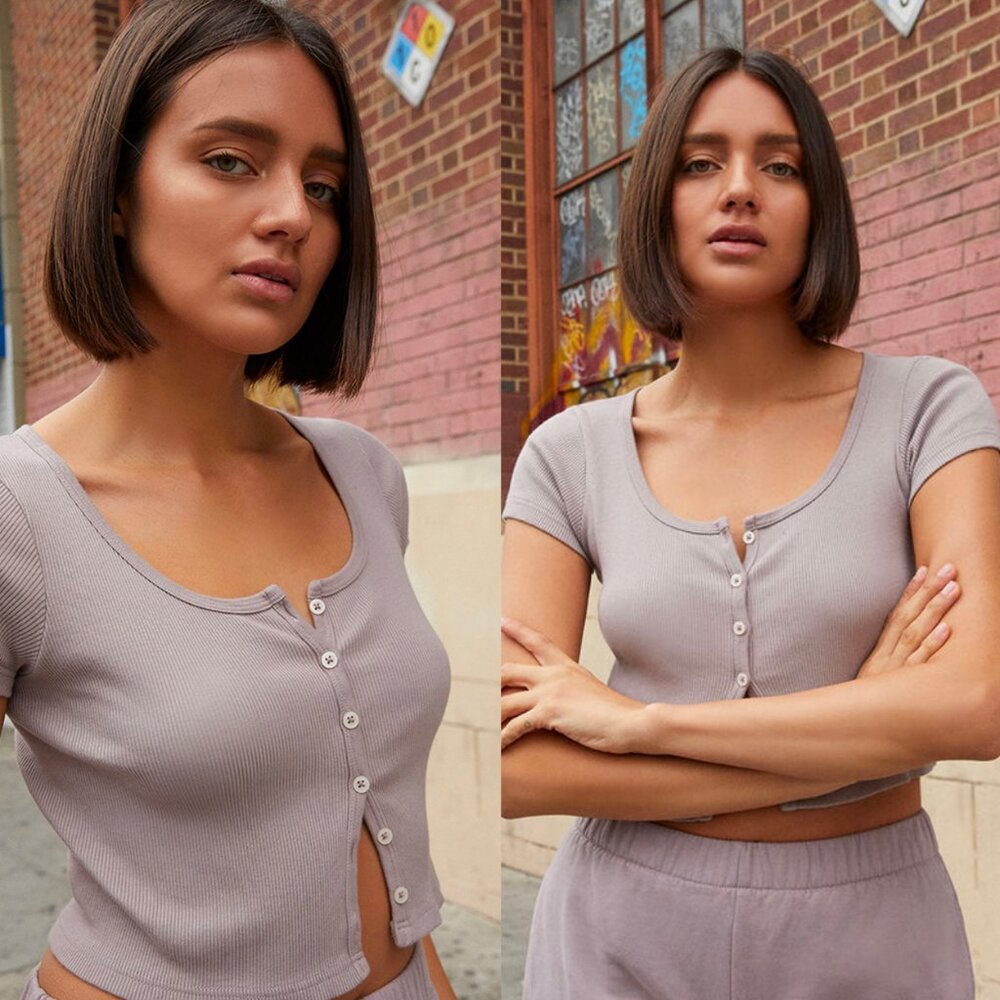 ☀️ BRANDY MELVILLE John Galt Mauve Zelly Short Sleeve Top Taupe Purple One Size